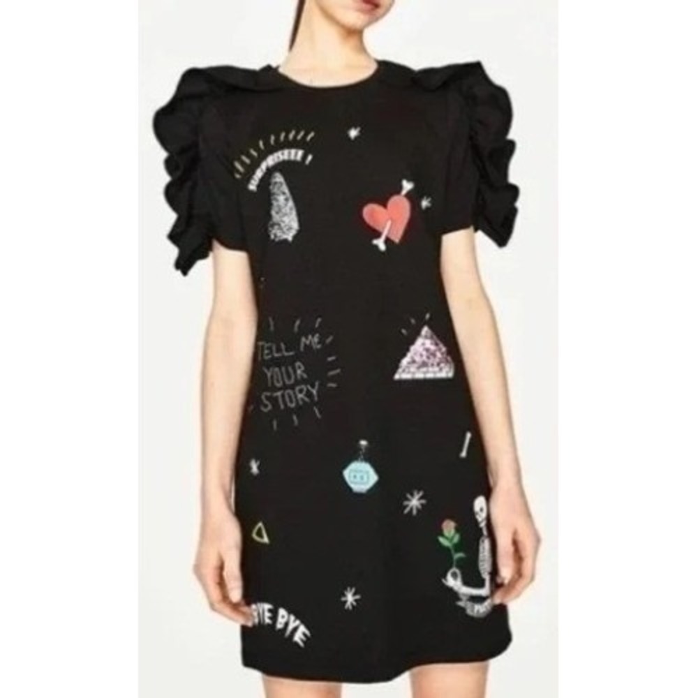Zara Trafaluc Goth Punk Graphic Ruffle Dress Size S Black Sequin Skeleton Heart